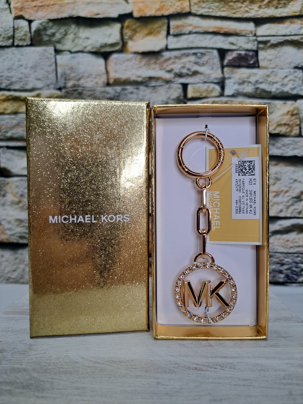 Michael Kors Rose Gold Chain-Link MK Crystal Logo Keychain Gift Box Set New